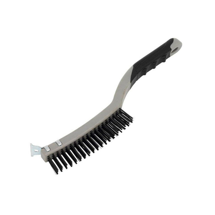 Brosse de nettoyage en fil d'acier inoxydable noir à 4 rangées de poignées TPR avec grattoir